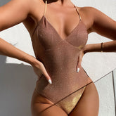 Glitter Galaxy Print Cheeky Deep V Neck Brazilian One Piece Swimsuit